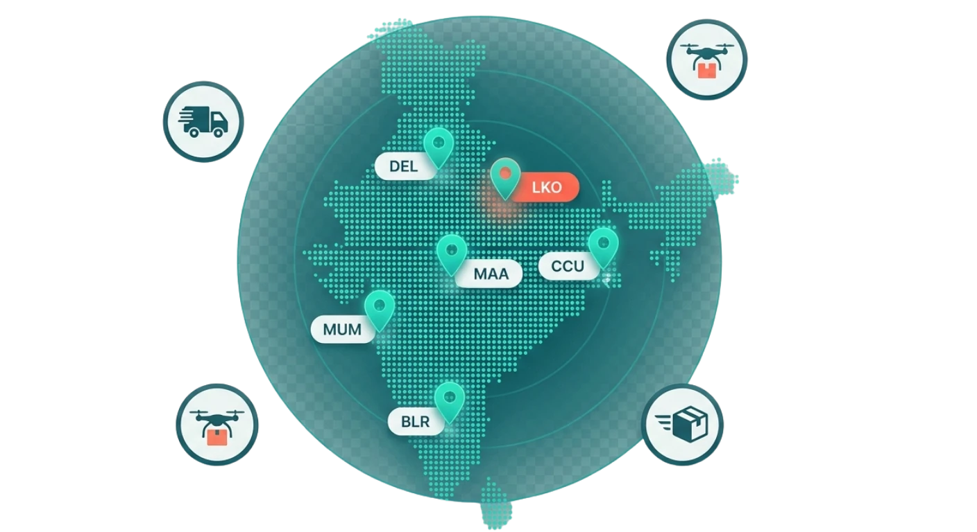 RouteOneX pan-India courier coverage — delivery pins across Delhi, Mumbai, Bengaluru, Chennai, Kolkata, Lucknow